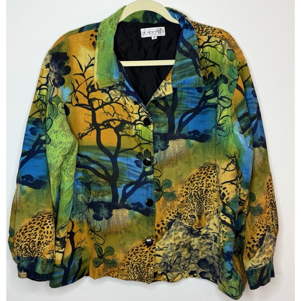Vintage Kaktus Jacket Womens 1X Green Linen Rayon Safari Leopard Animal Print
